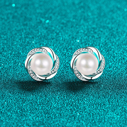 925 Sterling Silver Plum Blossom Stud Earrings - 0.17ct Moissanite & 8mm Pearls with Platinum Plating
