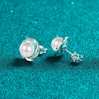 925 Sterling Silver Plum Blossom Stud Earrings - 0.17ct Moissanite & 8mm Pearls with Platinum Plating