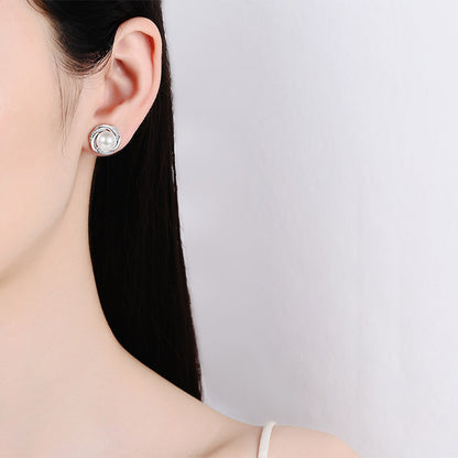 925 Sterling Silver Plum Blossom Stud Earrings - 0.17ct Moissanite & 8mm Pearls with Platinum Plating