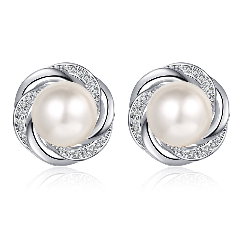 925 Sterling Silver Plum Blossom Stud Earrings - 0.17ct Moissanite & 8mm Pearls with Platinum Plating