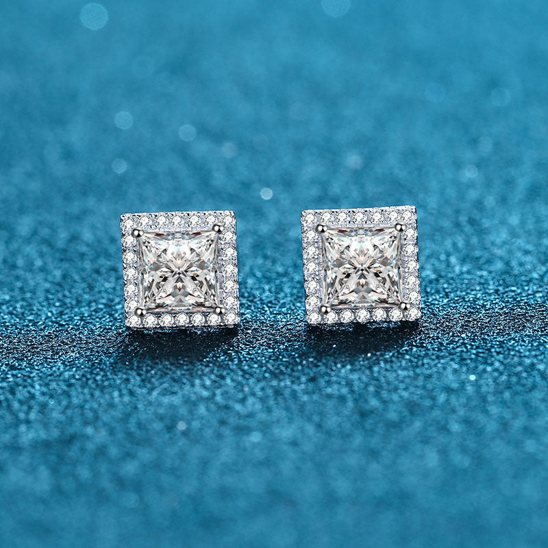 925 Sterling Silver Princess-Cut Moissanite Stud Earrings - 1ct/2ct/4ct Micro-Paved Square Earrings with Floral Motifs