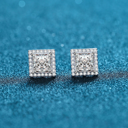 925 Sterling Silver Princess-Cut Moissanite Stud Earrings - 1ct/2ct/4ct Micro-Paved Square Earrings with Floral Motifs