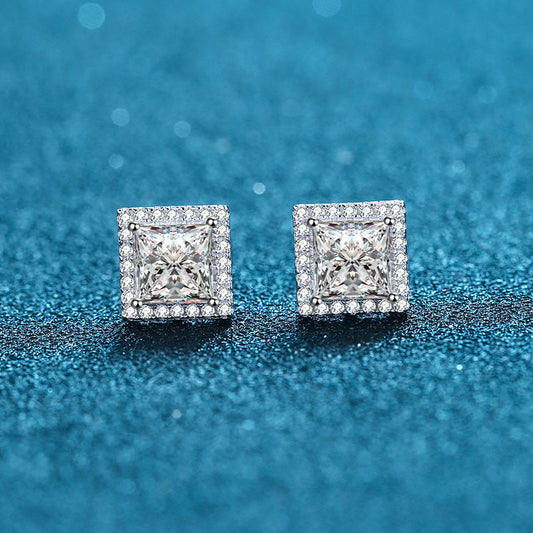925 Sterling Silver Princess-Cut Moissanite Stud Earrings - 1ct/2ct/4ct Micro-Paved Square Earrings with Floral Motifs