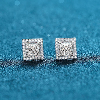925 Sterling Silver Princess-Cut Moissanite Stud Earrings - 1ct/2ct/4ct Micro-Paved Square Earrings with Floral Motifs