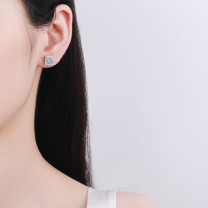 925 Sterling Silver Princess-Cut Moissanite Stud Earrings - 1ct/2ct/4ct Micro-Paved Square Earrings with Floral Motifs