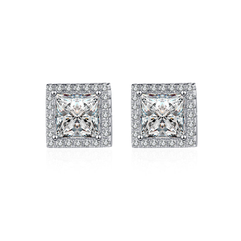 925 Sterling Silver Princess-Cut Moissanite Stud Earrings - 1ct/2ct/4ct Micro-Paved Square Earrings with Floral Motifs