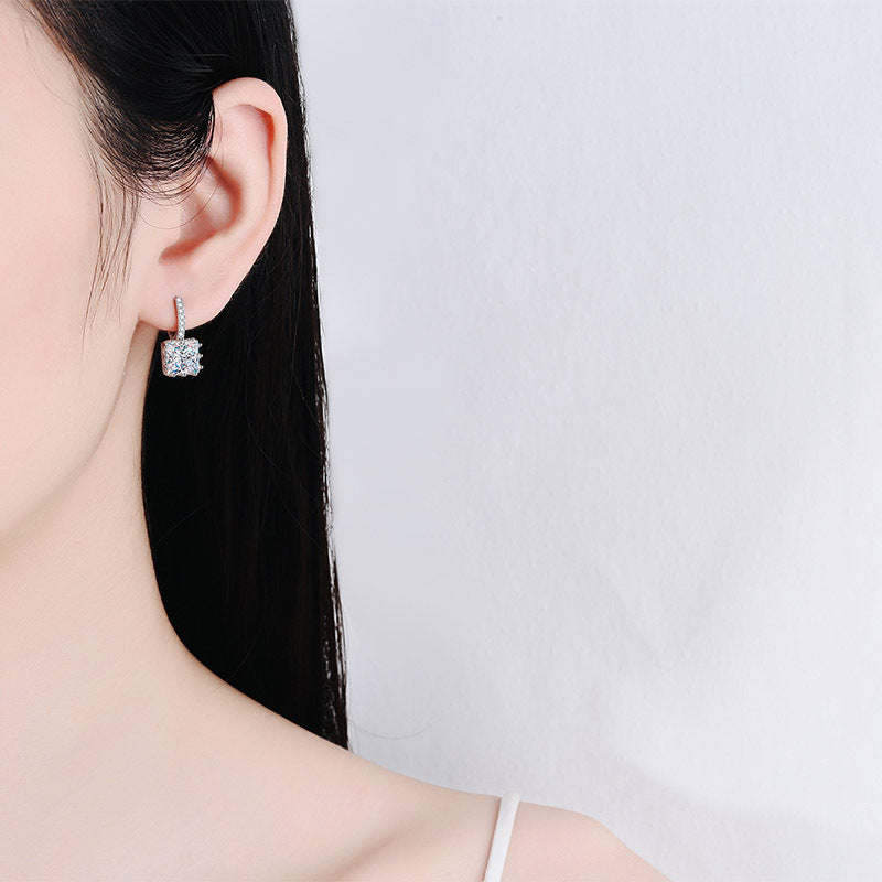 925 Sterling Silver Princess Cut Moissanite Hoop Earrings - PT950 Gold Plated Geometric Ear Jewelry (1ct/2ct per Earring)