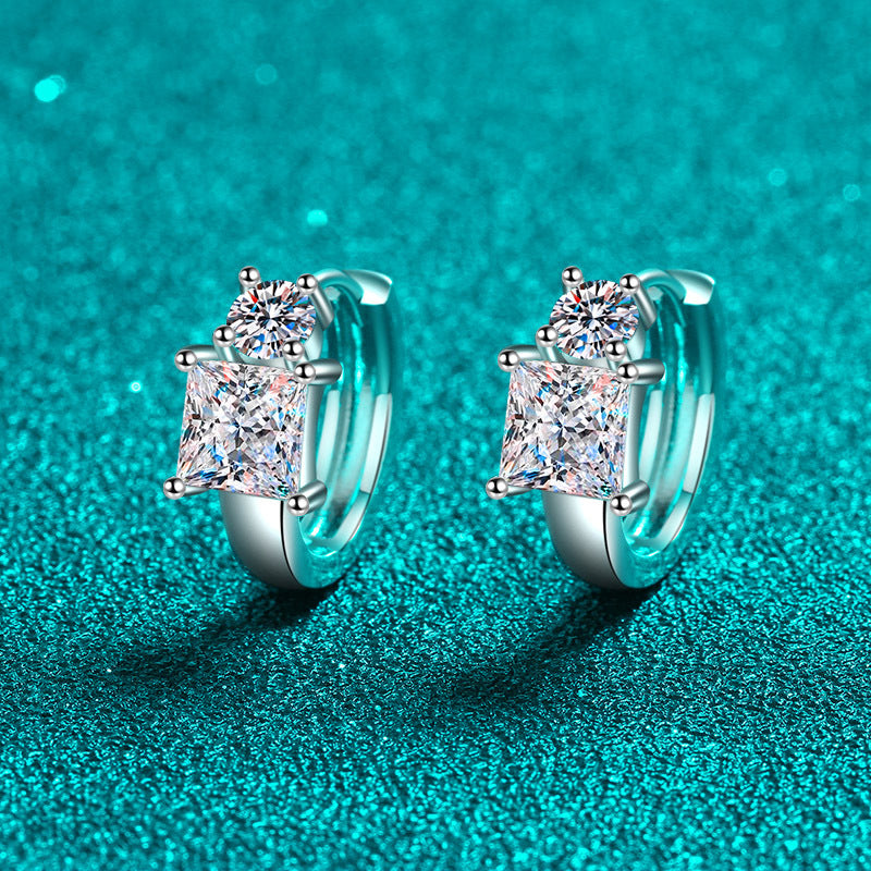 925 Sterling Silver Princess Cut Moissanite Huggie Hoop Earrings - PT950 Gold Plated (2.6CT)