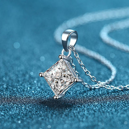 925 Sterling Silver Princess Cut Moissanite Pendant Necklace - 1CT/2CT Square Four-Prong Geometric Choker