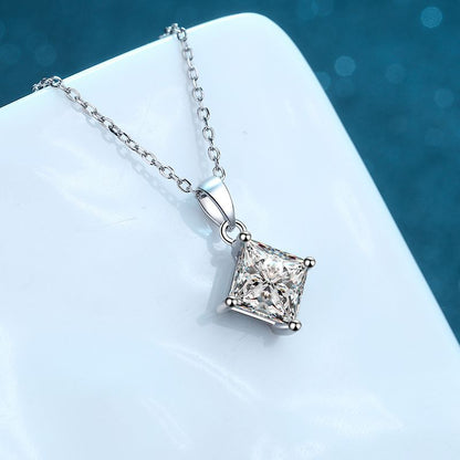 925 Sterling Silver Princess Cut Moissanite Pendant Necklace - 1CT/2CT Square Four-Prong Geometric Choker