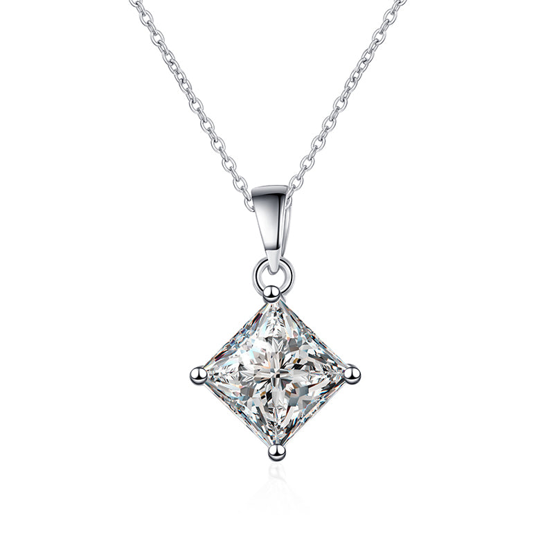 925 Sterling Silver Princess Cut Moissanite Pendant Necklace - 1CT/2CT Square Four-Prong Geometric Choker