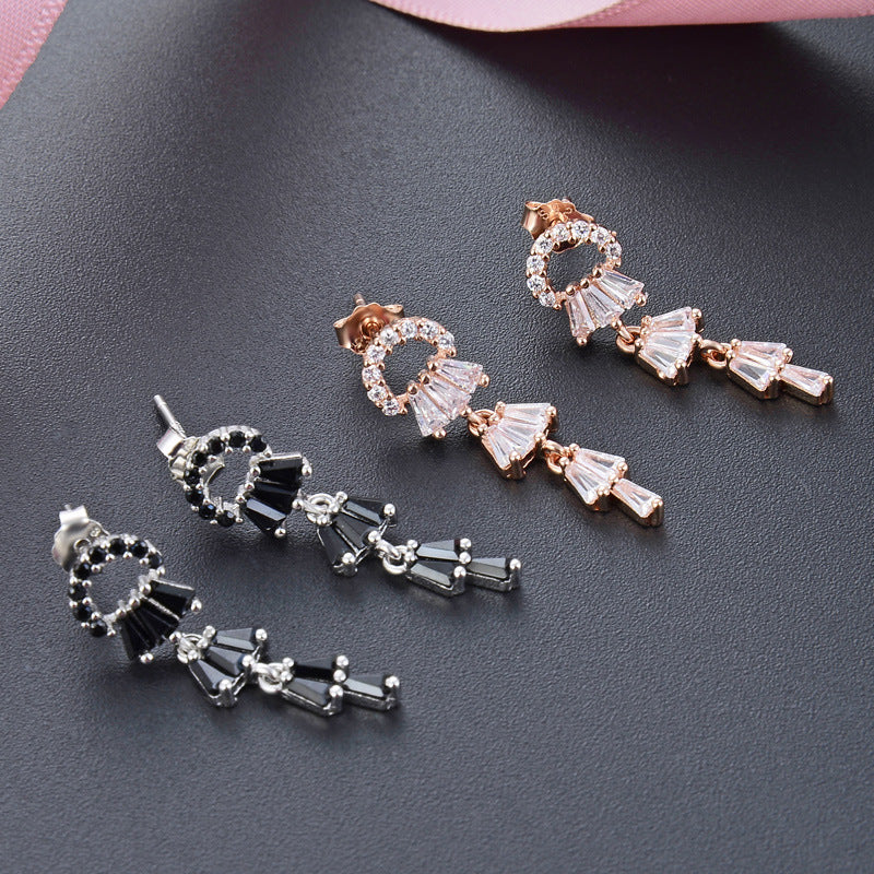 925 Sterling Silver Quadrilateral Drop Earrings - White Gold/Black Zircon & Rose Gold/White Zircon Korean Style Earrings with Plastic Backs