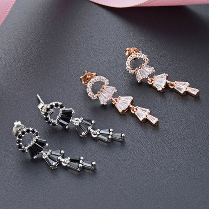925 Sterling Silver Quadrilateral Drop Earrings - White Gold/Black Zircon & Rose Gold/White Zircon Korean Style Earrings with Plastic Backs