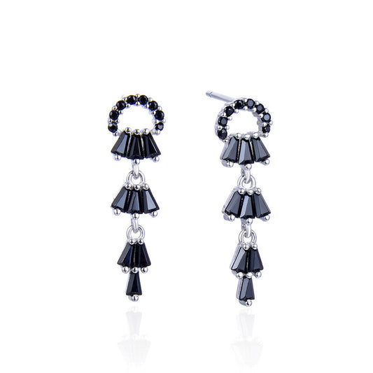 925 Sterling Silver Quadrilateral Drop Earrings - White Gold/Black Zircon & Rose Gold/White Zircon Korean Style Earrings with Plastic Backs