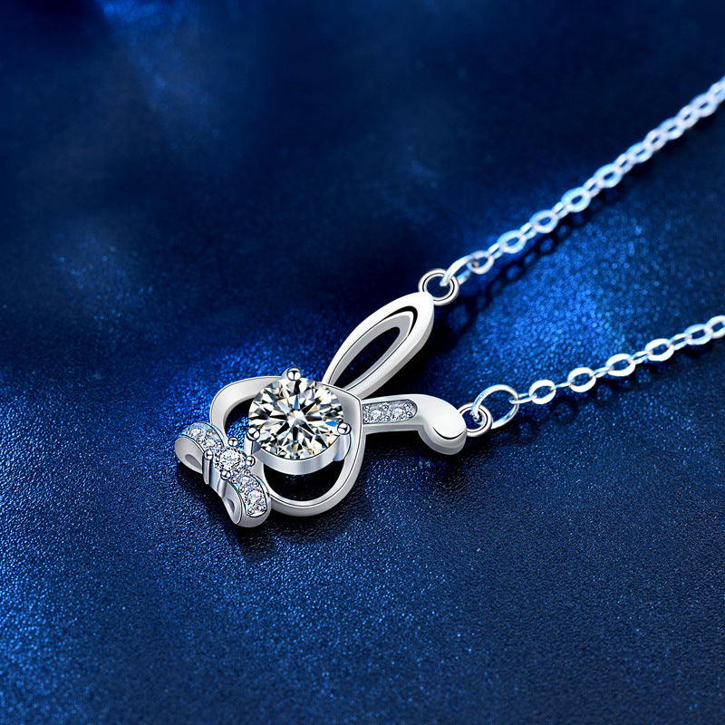 925 Sterling Silver Rabbit Pendant Necklace with 0.5ct Moissanite Micro-Pavé Cross Chain Rhodium Plated Women's Elegant Jewelry