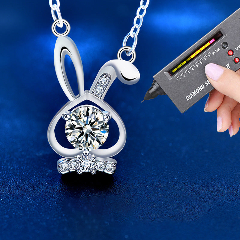 925 Sterling Silver Rabbit Pendant Necklace with 0.5ct Moissanite Micro-Pavé Cross Chain Rhodium Plated Women's Elegant Jewelry