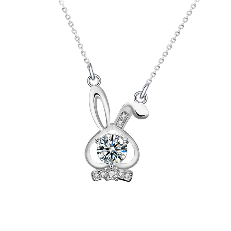 925 Sterling Silver Rabbit Pendant Necklace with 0.5ct Moissanite Micro-Pavé Cross Chain Rhodium Plated Women's Elegant Jewelry