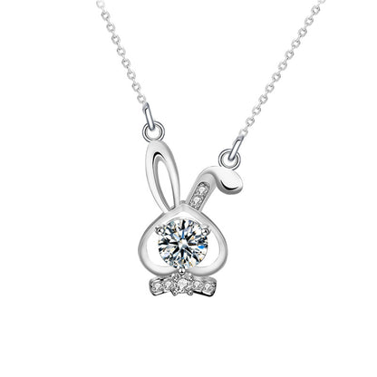 925 Sterling Silver Rabbit Pendant Necklace with 0.5ct Moissanite Micro-Pavé Cross Chain Rhodium Plated Women's Elegant Jewelry