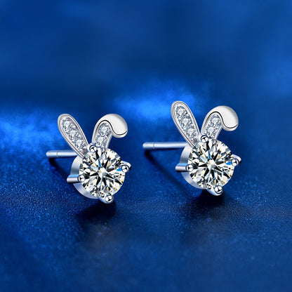 925 Sterling Silver Rabbit Stud Earrings with 0.5ct Moissanite Micro-Paved Minimalist Animal Jewelry for Women