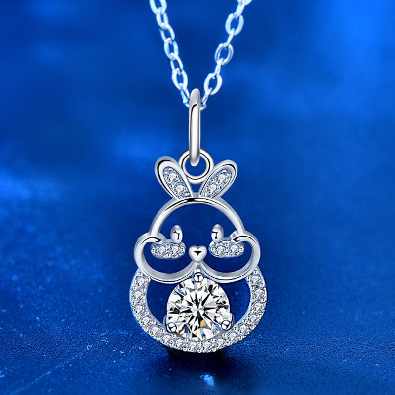 925 Sterling Silver Rabbit Zodiac Pendant Necklace with 0.5ct Moissanite Cross Chain Women's Chinese Style Jewelry