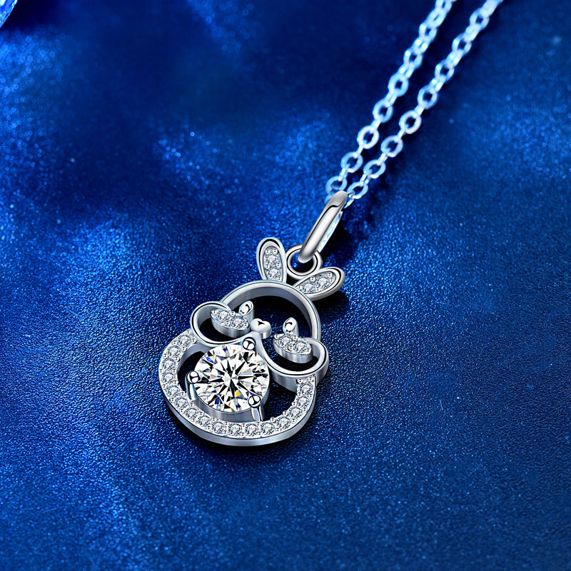 925 Sterling Silver Rabbit Zodiac Pendant Necklace with 0.5ct Moissanite Cross Chain Women's Chinese Style Jewelry