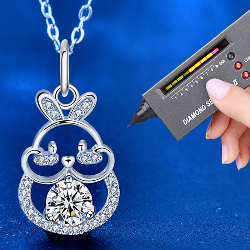925 Sterling Silver Rabbit Zodiac Pendant Necklace with 0.5ct Moissanite Cross Chain Women's Chinese Style Jewelry