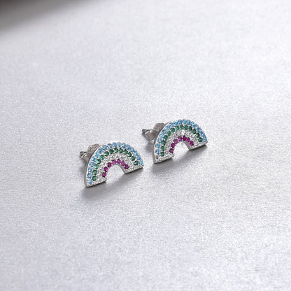 925 Sterling Silver Rainbow Geometric Stud Earrings-Diamond-Accented, Korean Fashion, with Plastic Ear Stoppers