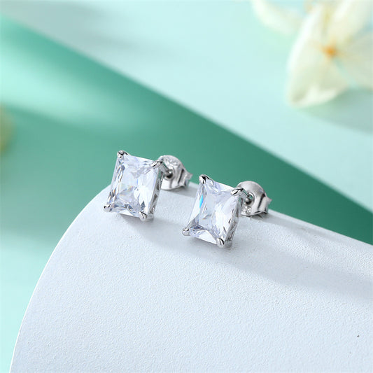 925 Sterling Silver Rectangular Birthstone Stud Earrings – Minimalist Geometric Zircon Jewelry