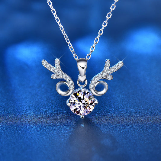 925 Sterling Silver Reindeer Pendant Necklace with 1ct D Color Moissanite Cross Chain Women's Minimalist Holiday Jewelry