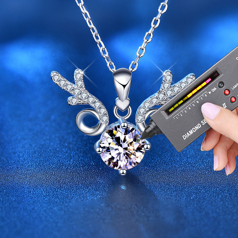925 Sterling Silver Reindeer Pendant Necklace with 1ct D Color Moissanite Cross Chain Women's Minimalist Holiday Jewelry