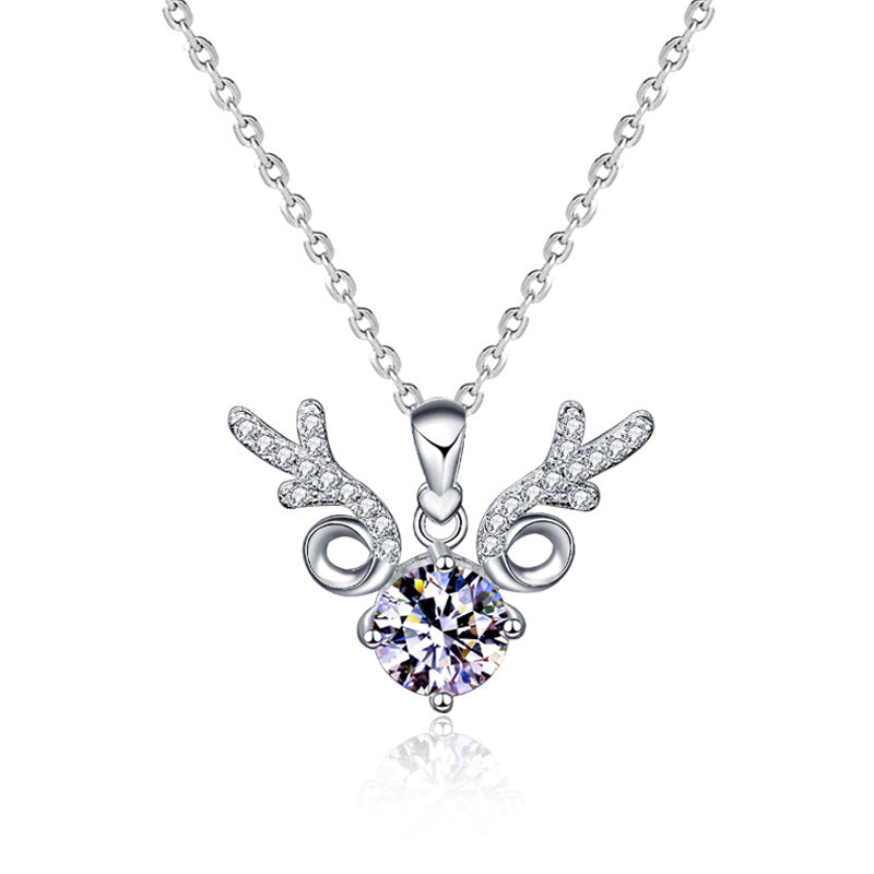 925 Sterling Silver Reindeer Pendant Necklace with 1ct D Color Moissanite Cross Chain Women's Minimalist Holiday Jewelry