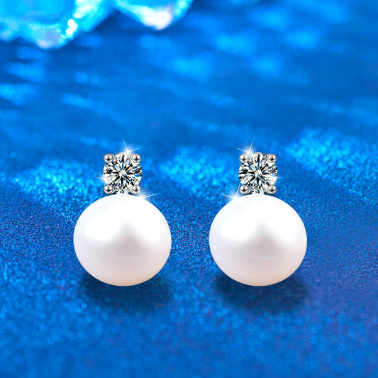 925 Sterling Silver Rhodium Plated Geometric Pearl Earrings with 0.6ct Moissanite Studs Classic Timeless Design for Women