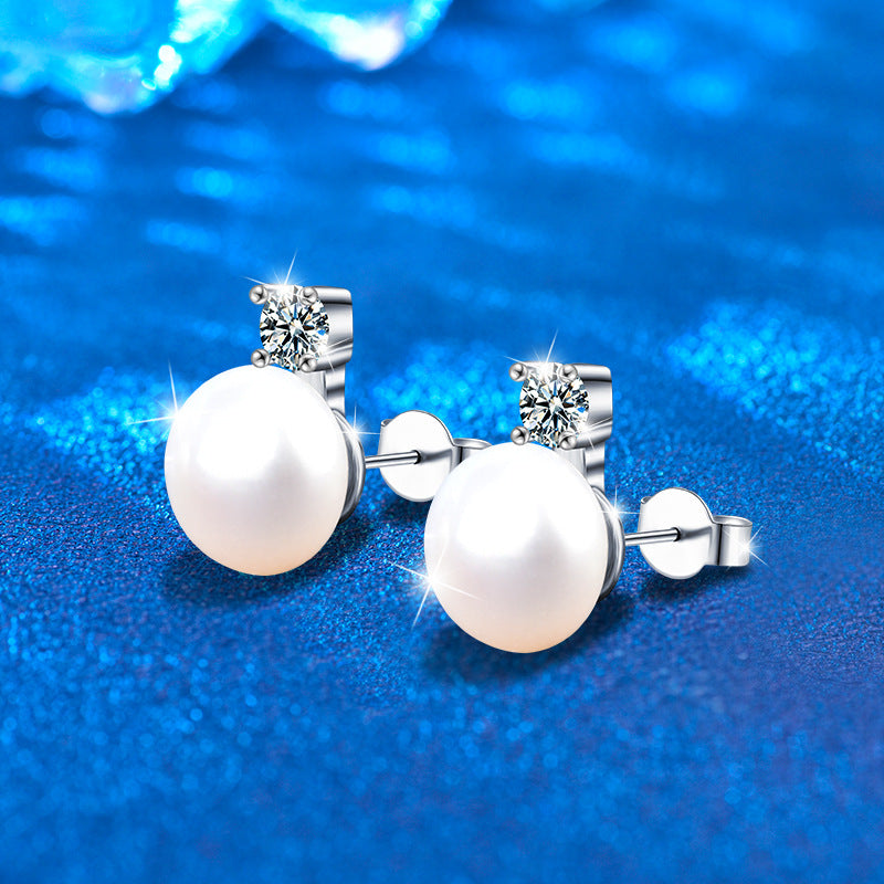 925 Sterling Silver Rhodium Plated Geometric Pearl Earrings with 0.6ct Moissanite Studs Classic Timeless Design for Women