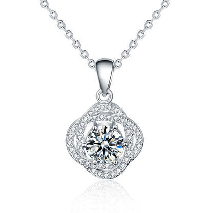925 Sterling Silver Rose Flower Pendant Necklace with 1ct Moissanite Cross Chain Women's Versatile Jewelry