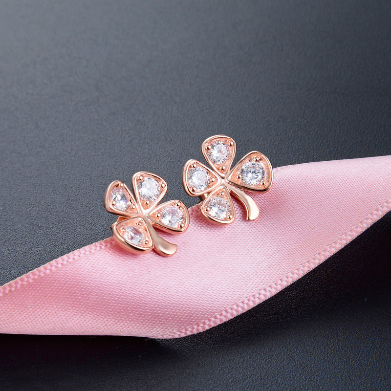 925 Sterling Silver Rose Gold Geometric Stud Earrings - Blue & White CZ Accent Earrings with Plastic Stoppers