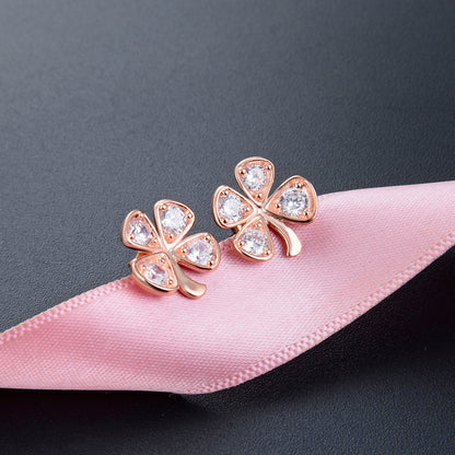 925 Sterling Silver Rose Gold Geometric Stud Earrings - Blue & White CZ Accent Earrings with Plastic Stoppers