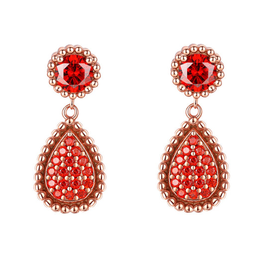 925 Sterling Silver Rose Gold Pomegranate Zircon Teardrop Earrings for Women Elegant Dangle Earrings with Crown and Tassel Design