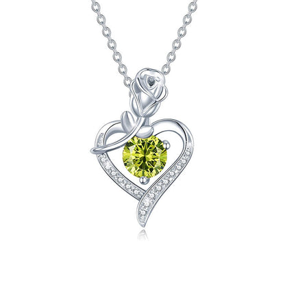 925 Sterling Silver Rose Heart Pendant Necklace with Moissanite in 12 Colors - Rhodium Plated Cross Chain Women's Jewelry