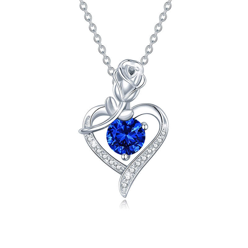 925 Sterling Silver Rose Heart Pendant Necklace with Moissanite in 12 Colors - Rhodium Plated Cross Chain Women's Jewelry