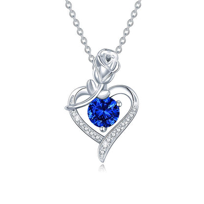 925 Sterling Silver Rose Heart Pendant Necklace with Moissanite in 12 Colors - Rhodium Plated Cross Chain Women's Jewelry