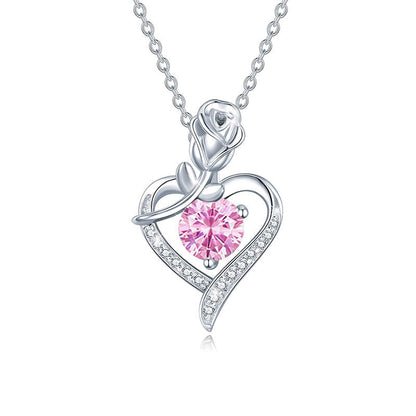 925 Sterling Silver Rose Heart Pendant Necklace with Moissanite in 12 Colors - Rhodium Plated Cross Chain Women's Jewelry