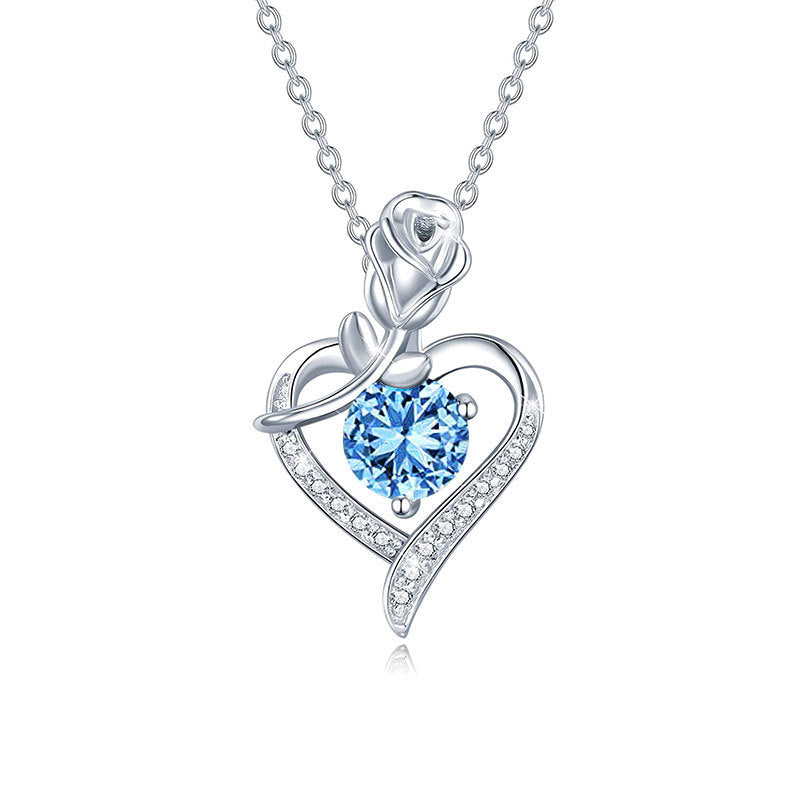 925 Sterling Silver Rose Heart Pendant Necklace with Moissanite in 12 Colors - Rhodium Plated Cross Chain Women's Jewelry