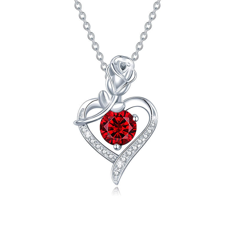 925 Sterling Silver Rose Heart Pendant Necklace with Moissanite in 12 Colors - Rhodium Plated Cross Chain Women's Jewelry