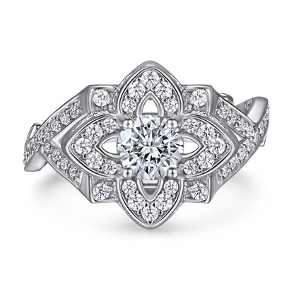 925 Sterling Silver Rose & Clover Ring – Elegant Floral Zircon Jewelry