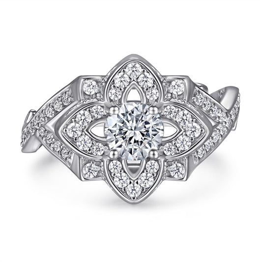925 Sterling Silver Rose & Clover Ring – Elegant Floral Zircon Jewelry