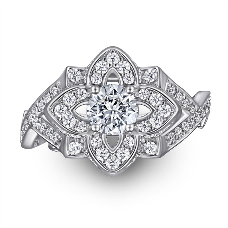 925 Sterling Silver Rose & Clover Ring – Elegant Floral Zircon Jewelry