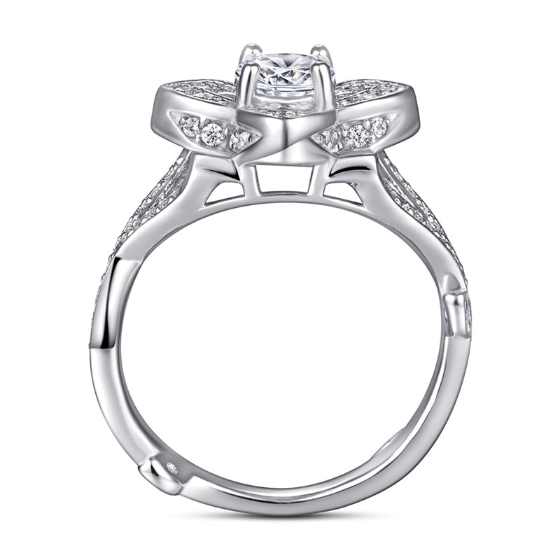 925 Sterling Silver Rose & Clover Ring – Elegant Floral Zircon Jewelry