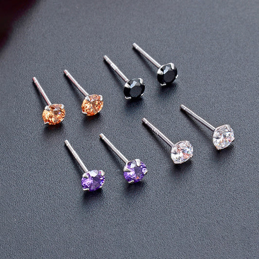 925 Sterling Silver Round Cut Diamond Stud Earrings0.5-0.8g, White/Black/Purple/Champagne CZ Options with Rubber Backs, Unisex Minimalist Jewelry