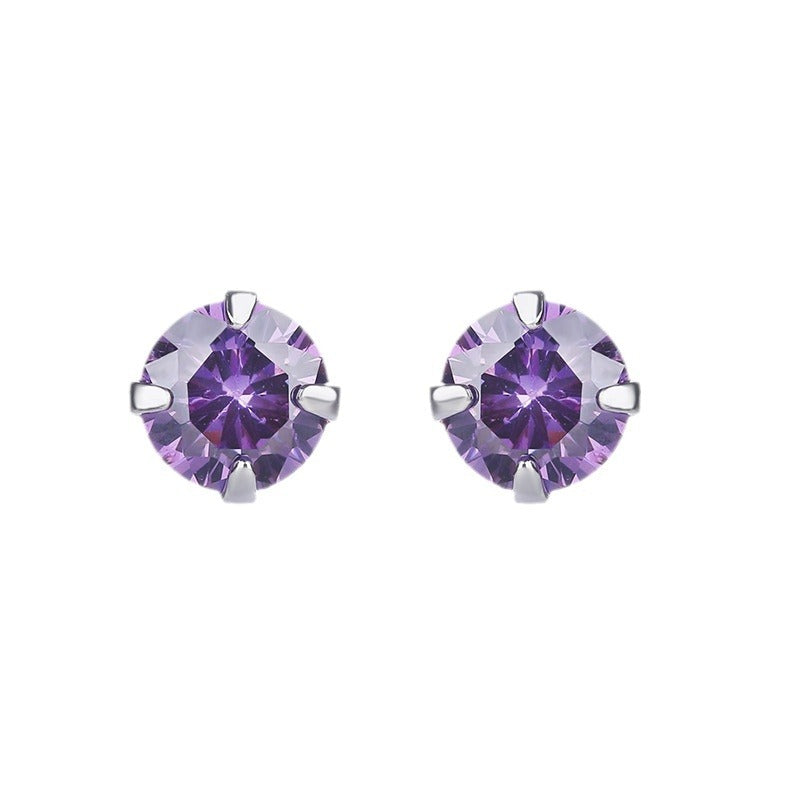 925 Sterling Silver Round Cut Diamond Stud Earrings0.5-0.8g, White/Black/Purple/Champagne CZ Options with Rubber Backs, Unisex Minimalist Jewelry