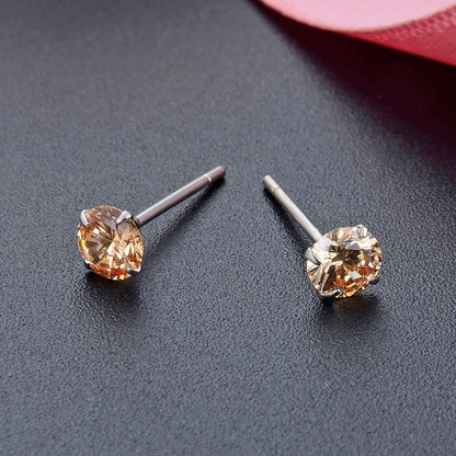 925 Sterling Silver Round Cut Diamond Stud Earrings0.5-0.8g, White/Black/Purple/Champagne CZ Options with Rubber Backs, Unisex Minimalist Jewelry